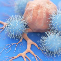Illustration of an oncolytic virus attacking a cancer cell.