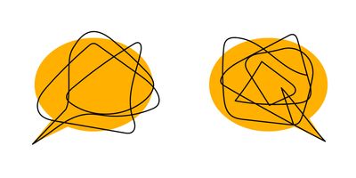 Illustration of two speech bubbles on a yellow background, representing conversation.