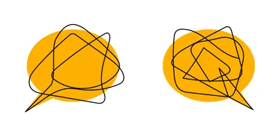 Illustration of two speech bubbles on a yellow background, representing conversation.