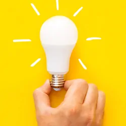 Photograph of a hand holding a bulb on a yellow background to represent sustainability.