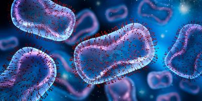 Computer graphic image of monkeypox virus on a blue background