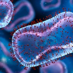 Computer graphic image of monkeypox virus on a blue background