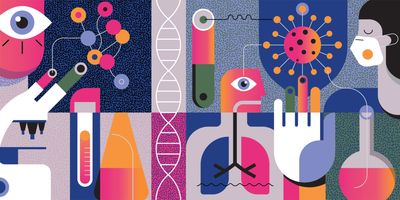 Illustration of different clinical lab equipment, including microscope, blood tubes, and a DNA helix.