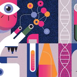 Illustration of different clinical lab equipment, including microscope, blood tubes, and a DNA helix.