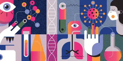 Illustration of different clinical lab equipment, including microscope, blood tubes, and a DNA helix.