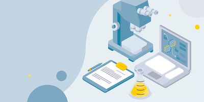 Illustration of a clinical lab bench with a laptop, clipboard, and microscope.
