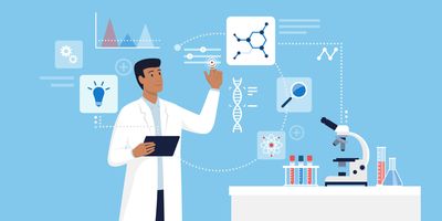 Illustration of a clinical lab professional scientist in the lab and interacting with a virtual user interface targeting a DNA strand with probes for real-time PCR for pathogen detection.