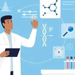 Illustration of a clinical lab professional scientist in the lab and interacting with a virtual user interface targeting a DNA strand with probes for real-time PCR for pathogen detection.