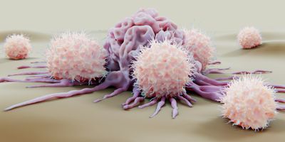 Computer image of immune cells attacking a cancer cell