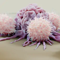 Computer image of immune cells attacking a cancer cell