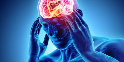 Computer image of human holding head with x-ray image of brain in red