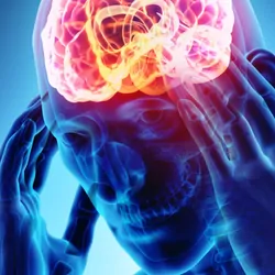 Computer image of human holding head with x-ray image of brain in red