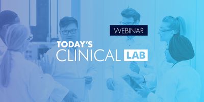Banner with text "webinar today's clinical lab" overlaid on a photograph of lab personnel conversing.