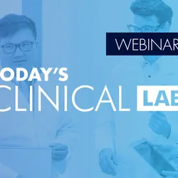 Banner with text "webinar today's clinical lab" overlaid on a photograph of lab personnel conversing.