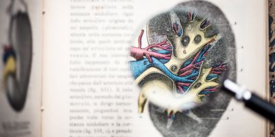 Anatomical drawing of a kidney in a textbook being looked at through a magnifying glass