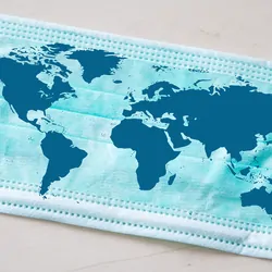 A world map printed on a surgical mask
