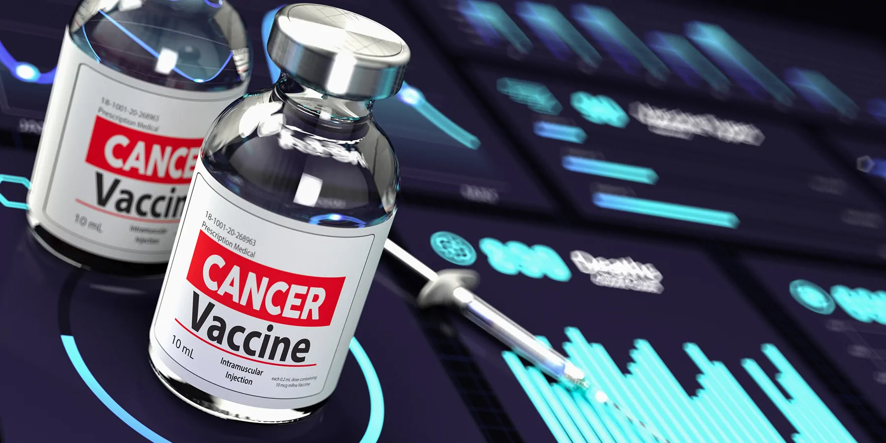 Image of two medicine bottles labled cancer vaccine over a data spreadsheet