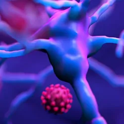 Computer image of COVID virus damaging neurons
