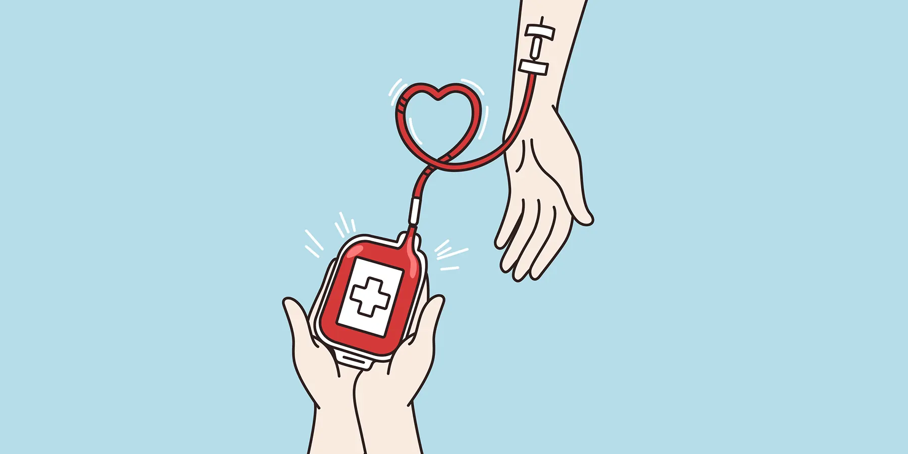 Illustration of a bag of blood held in someone’s palms being transfused into another person, with the tube forming a heart shape, representing the donor-recipient relationship for blood transfusions.