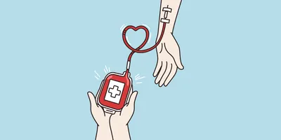 Illustration of a bag of blood held in someone’s palms being transfused into another person, with the tube forming a heart shape, representing the donor-recipient relationship for blood transfusions.
