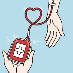 Illustration of a bag of blood held in someone’s palms being transfused into another person, with the tube forming a heart shape, representing the donor-recipient relationship for blood transfusions.