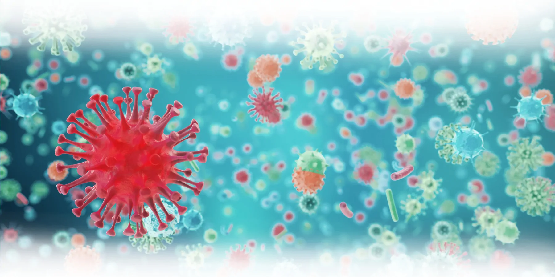 Computer image of various pathogens on a blue background