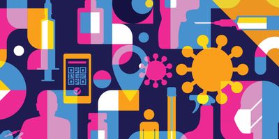 Illustration of different icons related to clinical labs and clinical trials on a black background.