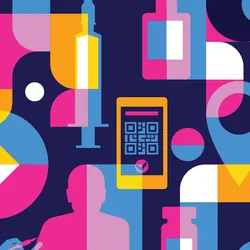Illustration of different icons related to clinical labs and clinical trials on a black background.