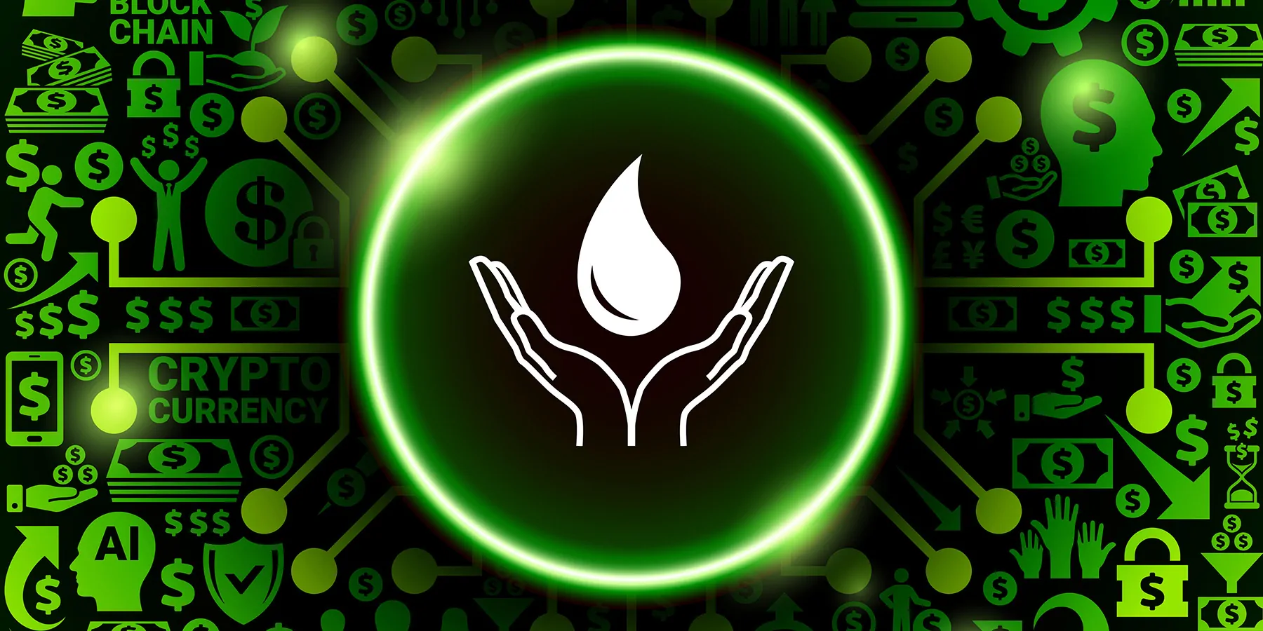 Illustration of a drop of blood held in palms facing upward with logos of money and technology in the background, representing the blood-testing technology of Theranos situated in the well-financed biotechnology sector.