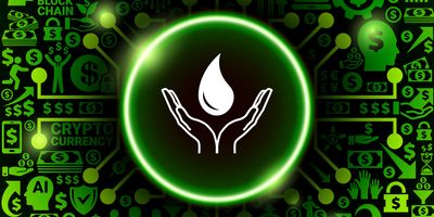 Illustration of a drop of blood held in palms facing upward with logos of money and technology in the background, representing the blood-testing technology of Theranos situated in the well-financed biotechnology sector.