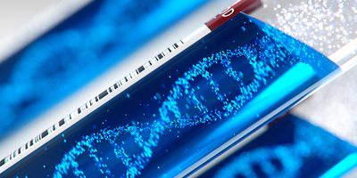 Testube with DNA strands photoshopped into the blue liquid inside