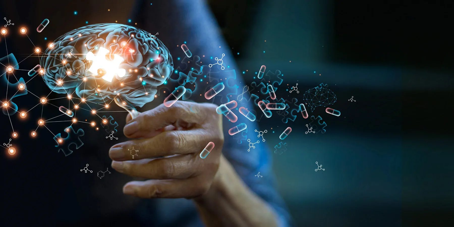 Elderly woman holding holographic brain image