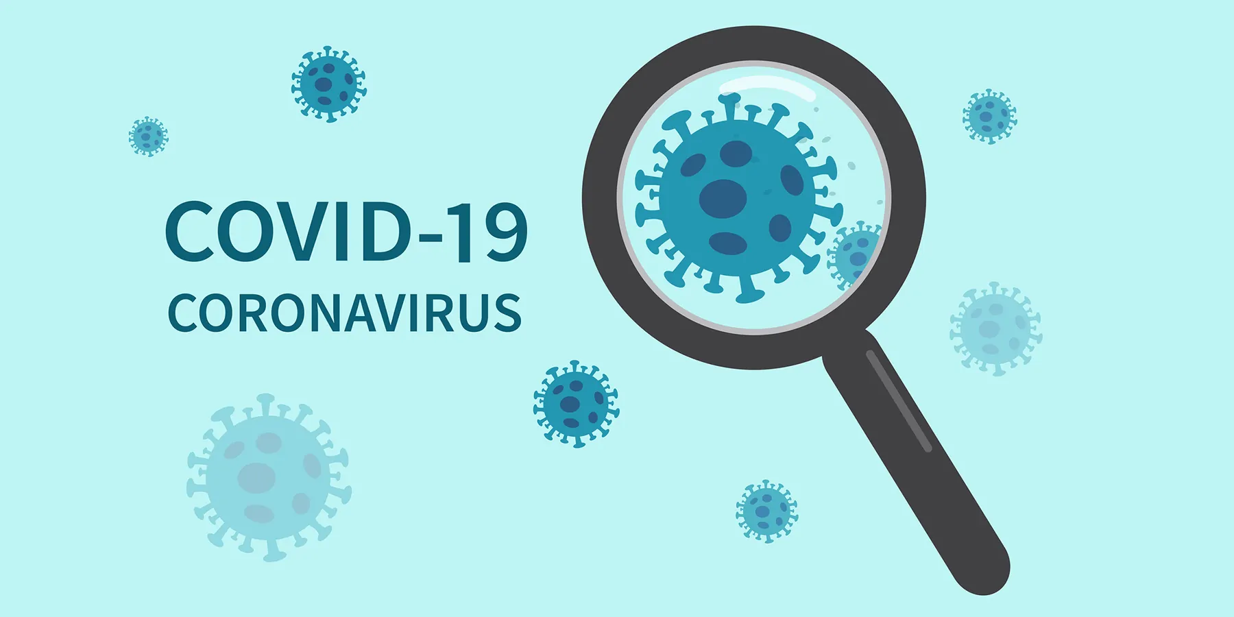 Vector graphic of a magnifying glass over a COVID viruse