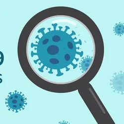 Vector graphic of a magnifying glass over a COVID viruse