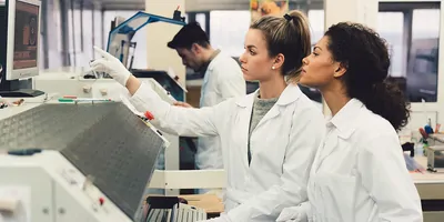 Clinical professionals analyzing liquid sample