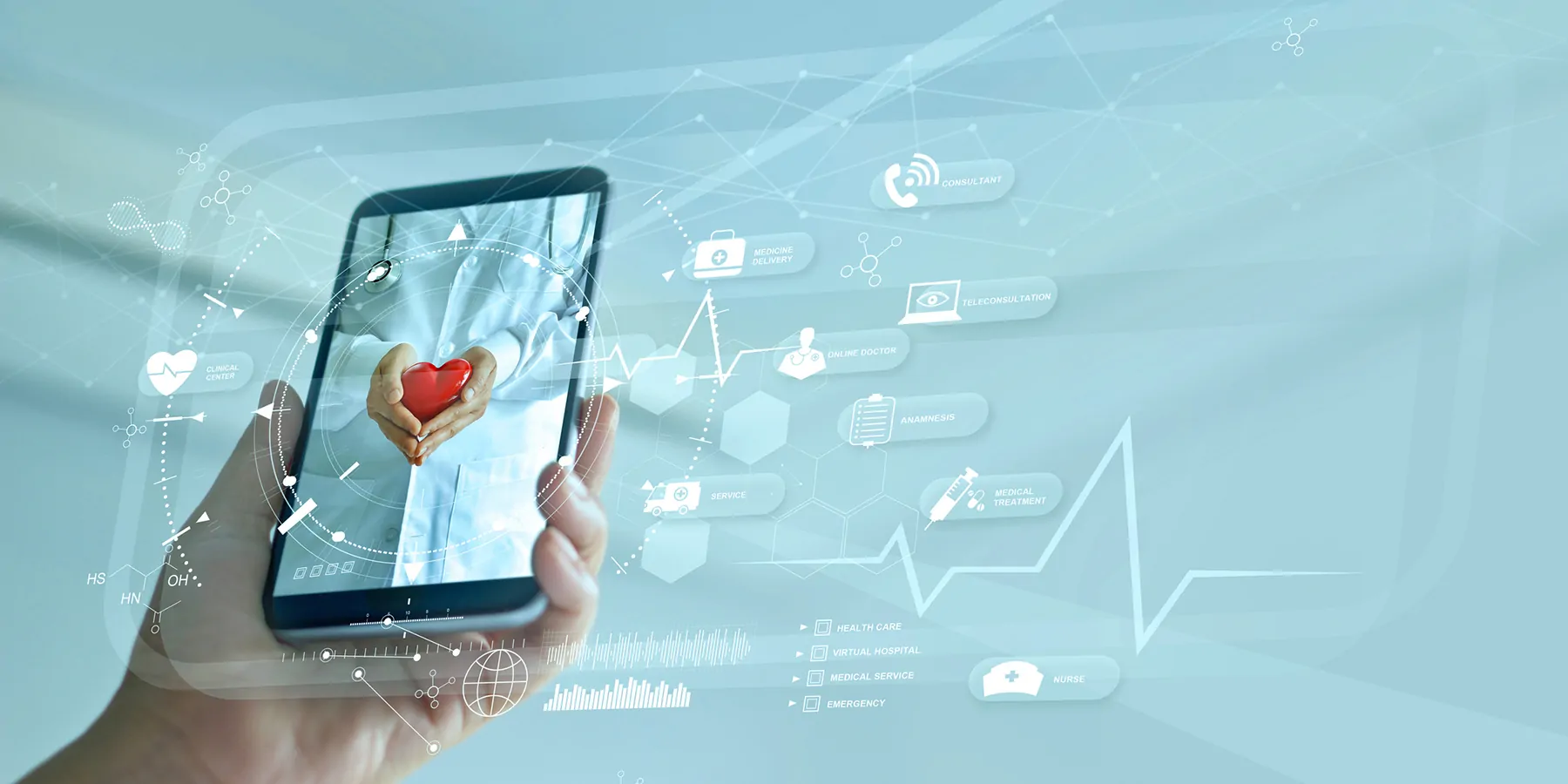 A person holding a digital tablet showing a red heart graphic in a doctor's hands 