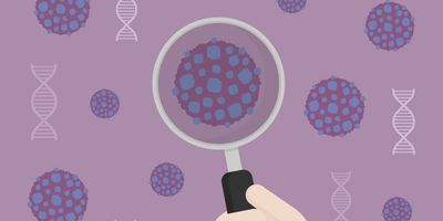 Vector image of person holding magnifying glass over tumor