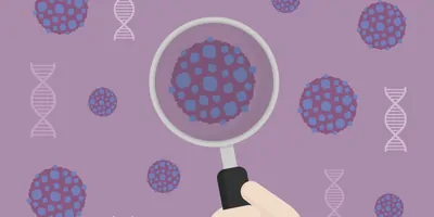 Vector image of person holding magnifying glass over tumor