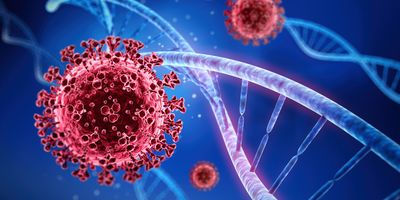 Computer image of the COVID virus in red, next to some DNA in blue
