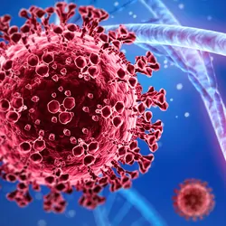 Computer image of the COVID virus in red, next to some DNA in blue