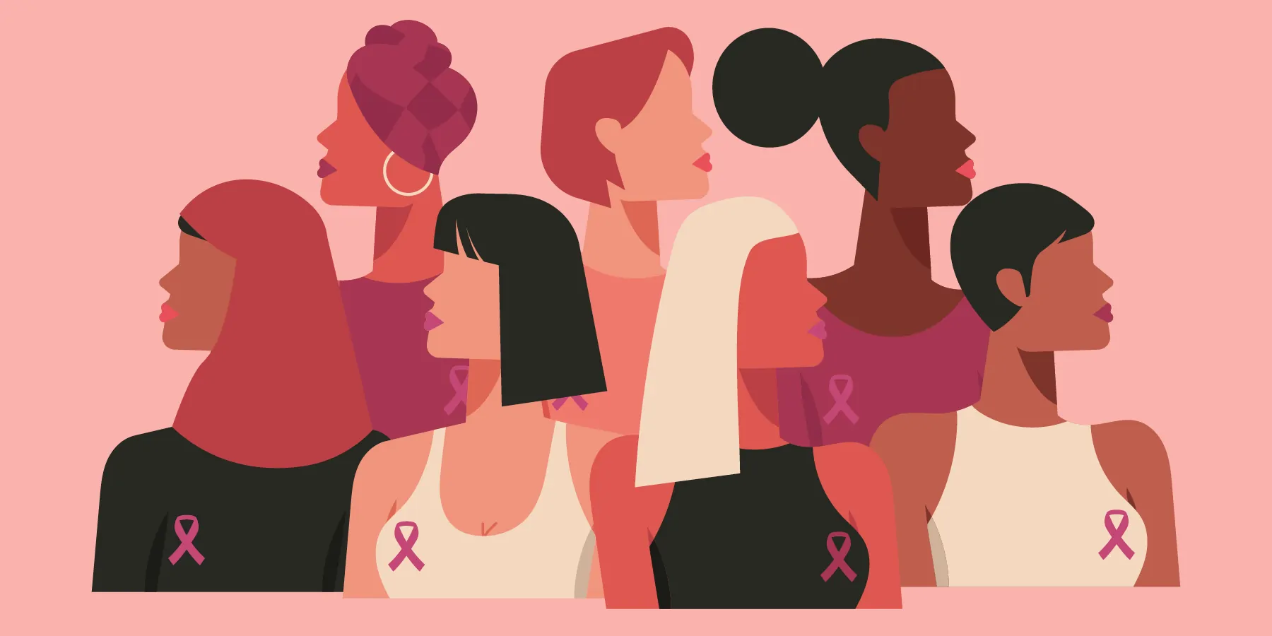 Vector image of women of different backgrounds standing against breast cancer
