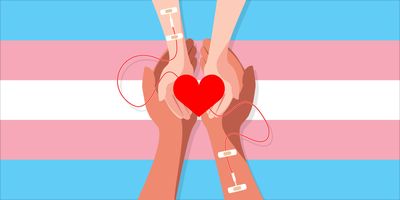 Illustration of two people receiving blood transfusions in their arms on a background of the transgender flag.
