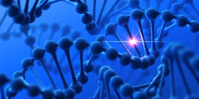 Computer render of DNA with a section being highlighted. On a dark blue background with blue tint