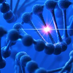 Computer render of DNA with a section being highlighted. On a dark blue background with blue tint
