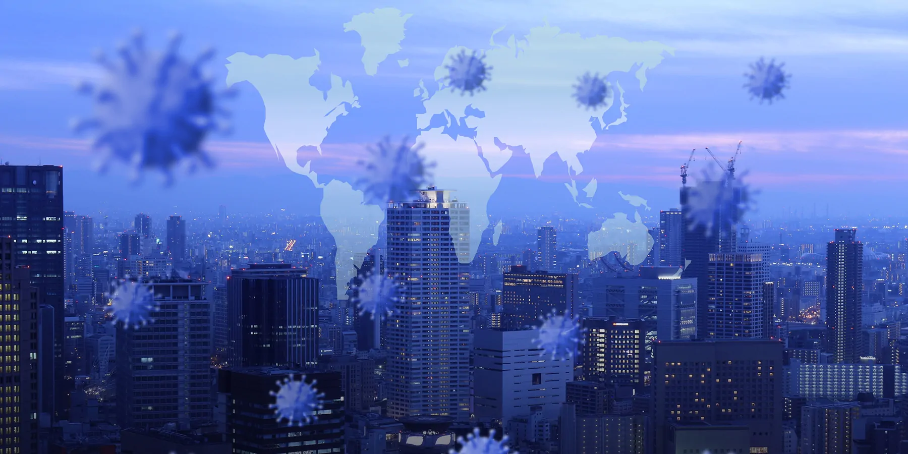 Double exposure of a city and a map of the world with viral particles around