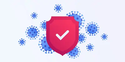 Vector graphic of a shield blocking virus particles on a white background
