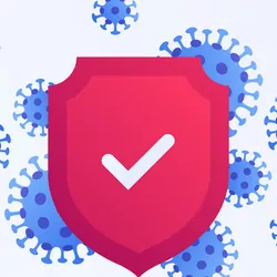 Vector graphic of a shield blocking virus particles on a white background