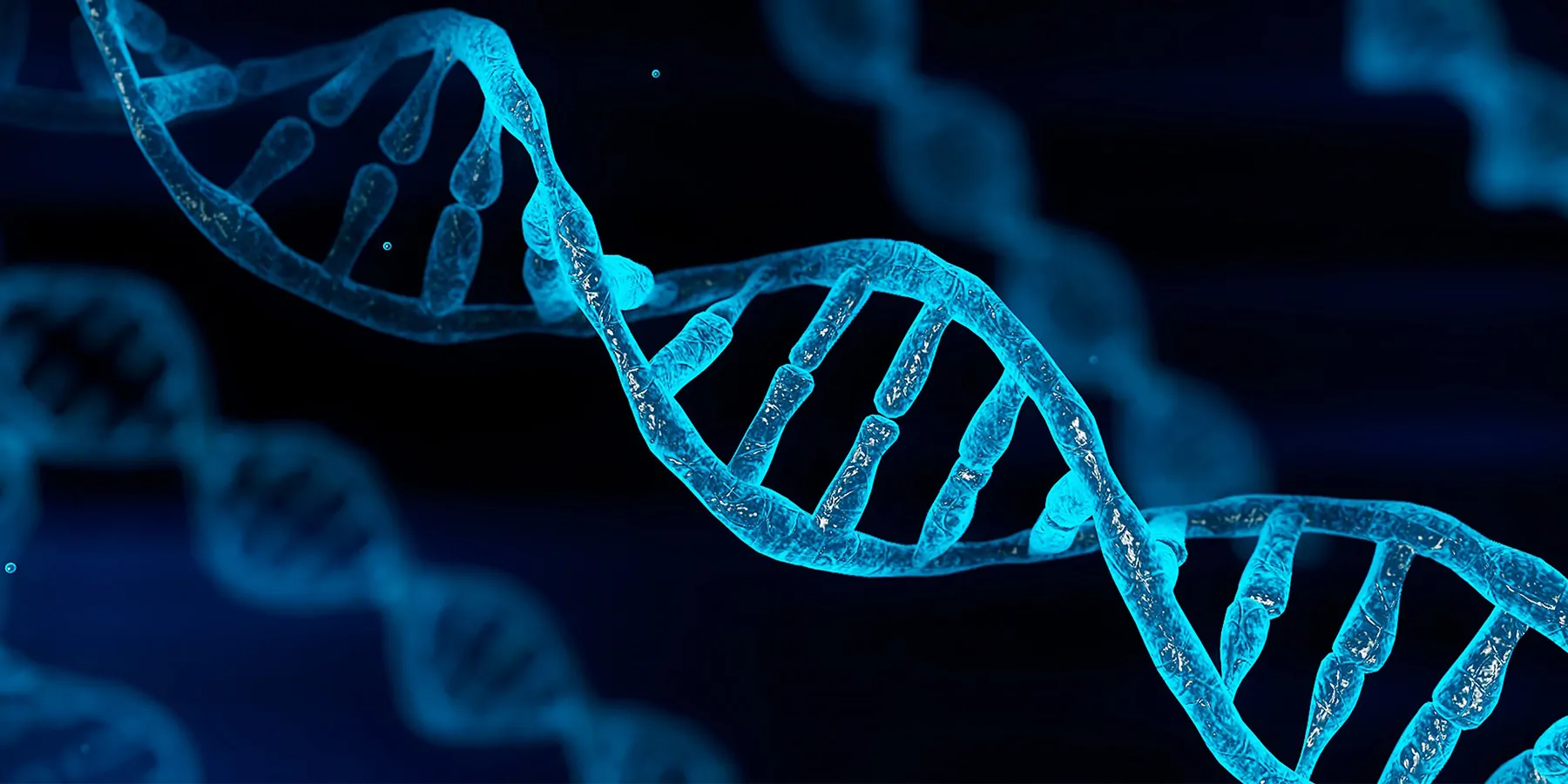 Blue computer image of a DNA strand on dark blue background