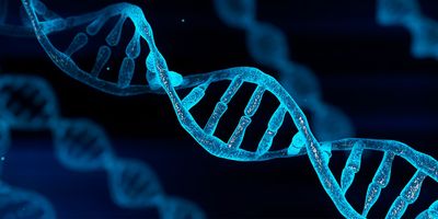 Blue computer image of a DNA strand on dark blue background