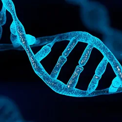Blue computer image of a DNA strand on dark blue background